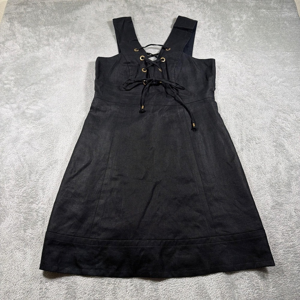 J.Crew Dress Womens 12 Black Linen Structured Lace Up A-Line Knee Length J0975